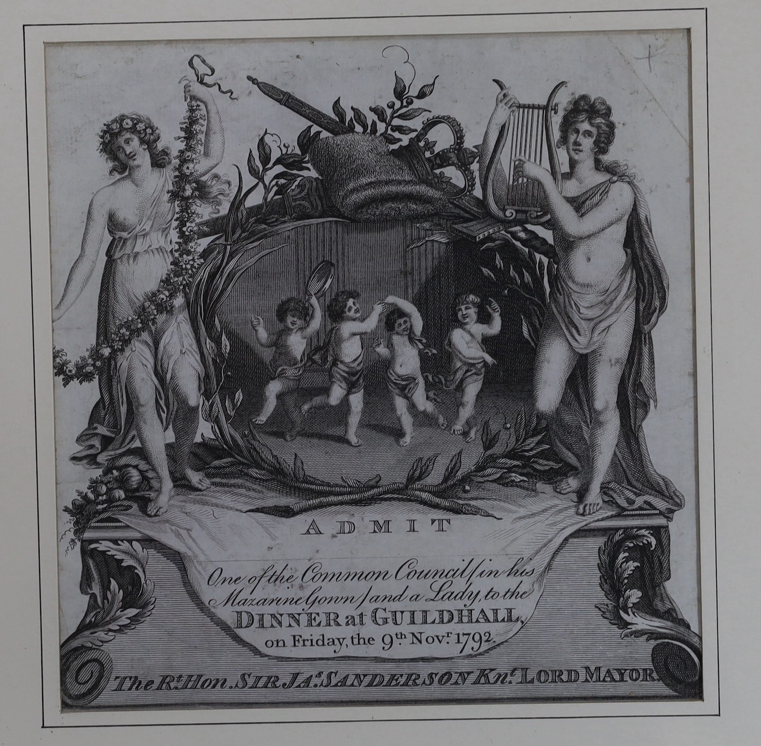 A late 18th century engraving; Admission ticket for Dinner at Guildhall on Friday 9th November 1792 from the Rt. Hon. Sir James Sanderson, Lord Mayor of London, 17 x 16cm